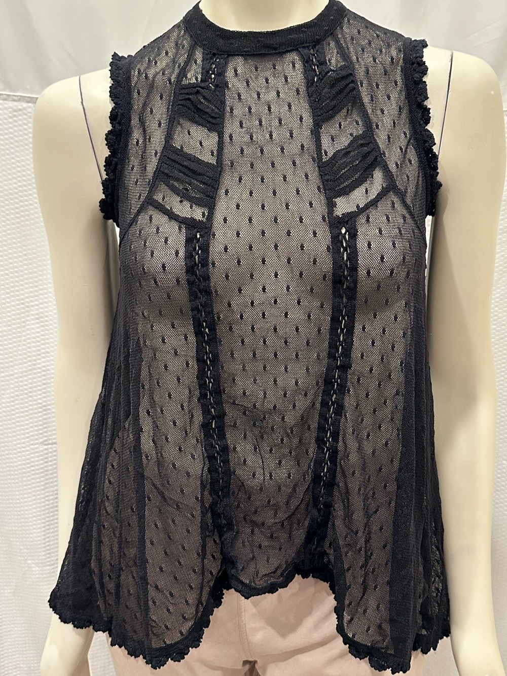 Free People Fiona Black Sheer Swiss Dot Lace-Trim Sleeveless Camisole